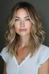 Woman with soft side-swept waves at work