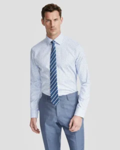 Blue and white checkered shirt with a solid necktie