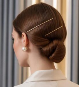 Woman wearing a low chignon hairstyle for a corporate look