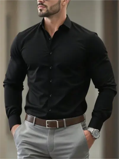 Man wearing solid colour shirt to look skinny