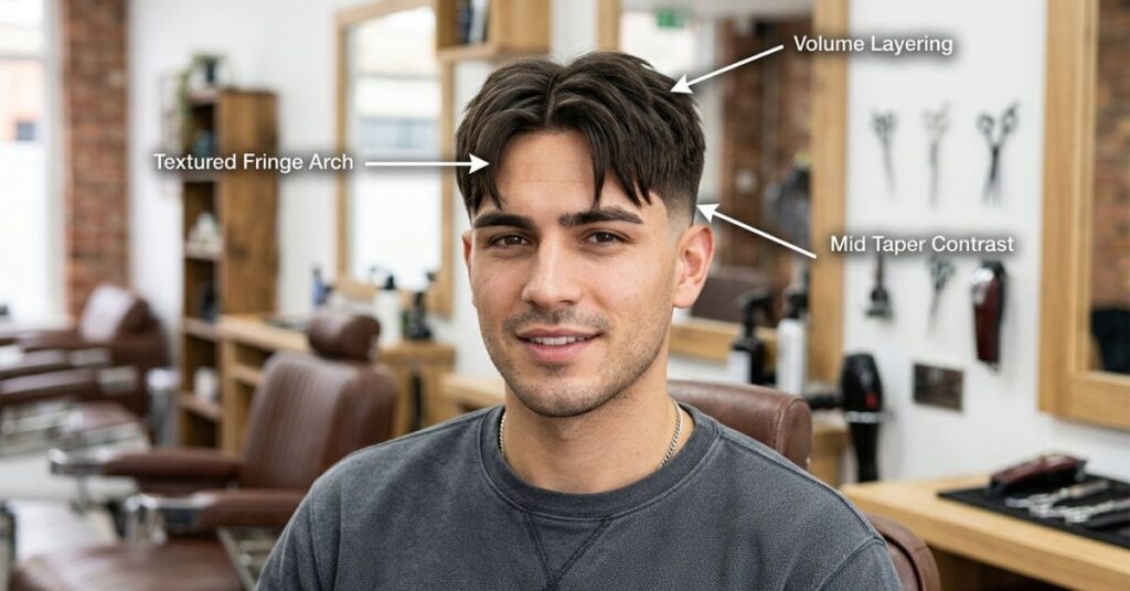 Front view of middle part mid taper fade straight hair with textured curtain bangs