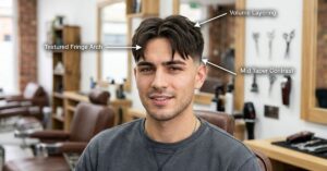 Front view of middle part mid taper fade straight hair with graphic labels showing textured fringe arch, mid taper contrast, and volume layering