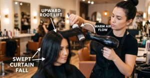 Barber blow drying straight hair middle part with round brush with annotations showing root lift direction, curtain flow heat, and taper fade edge