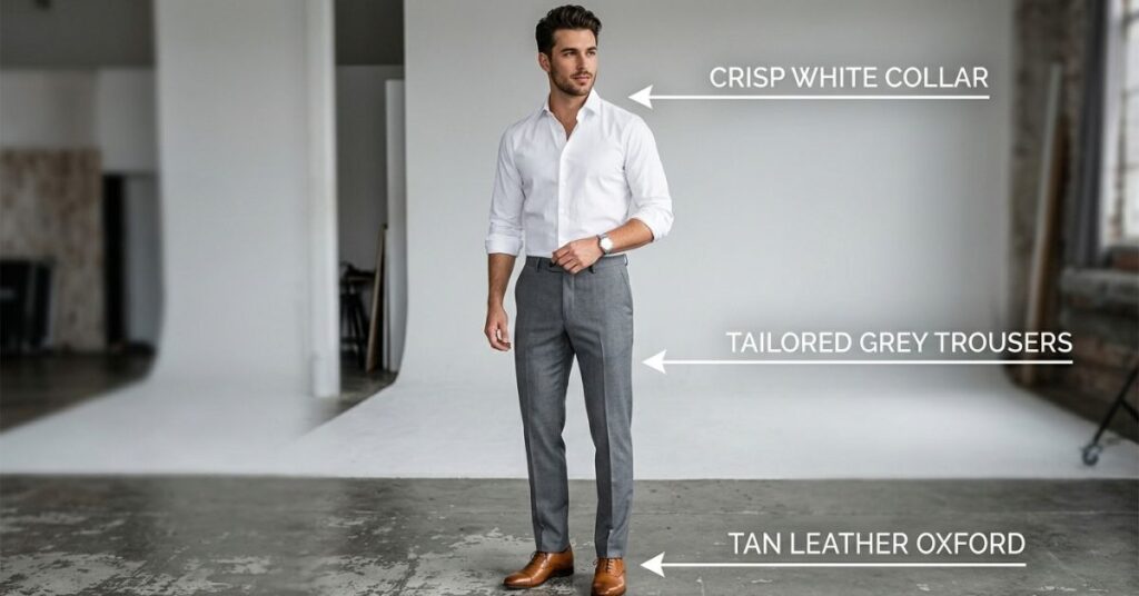 Man wearing tailored grey trousers and crisp white dress shirt with tan oxford shoes featuring infographic arrows pointing to collar, trousers, and footwear
