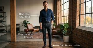 Stylish man wearing charcoal wool trousers and navy blue fitted shirt with dark brown loafers with infographic callout arrows