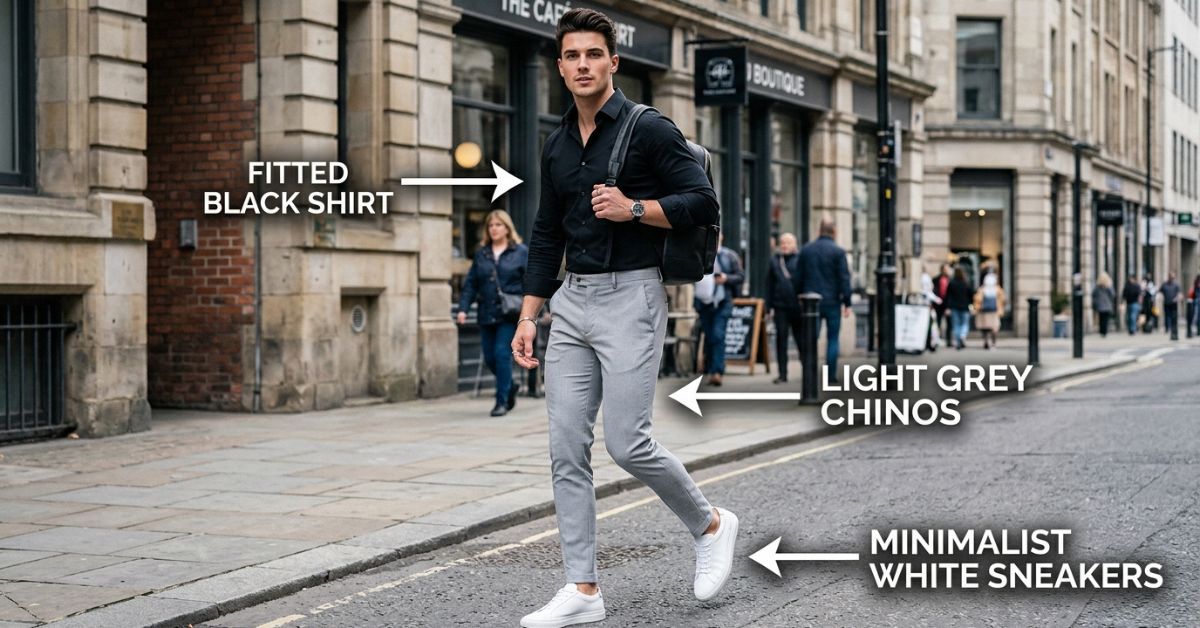 Fitted black shirt paired with light grey trousers and white sneakers modern menswear
