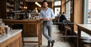 Dapper man in cafe wearing mid-grey wool trousers, light blue oxford shirt, and suede chelsea boots with infographic annotations