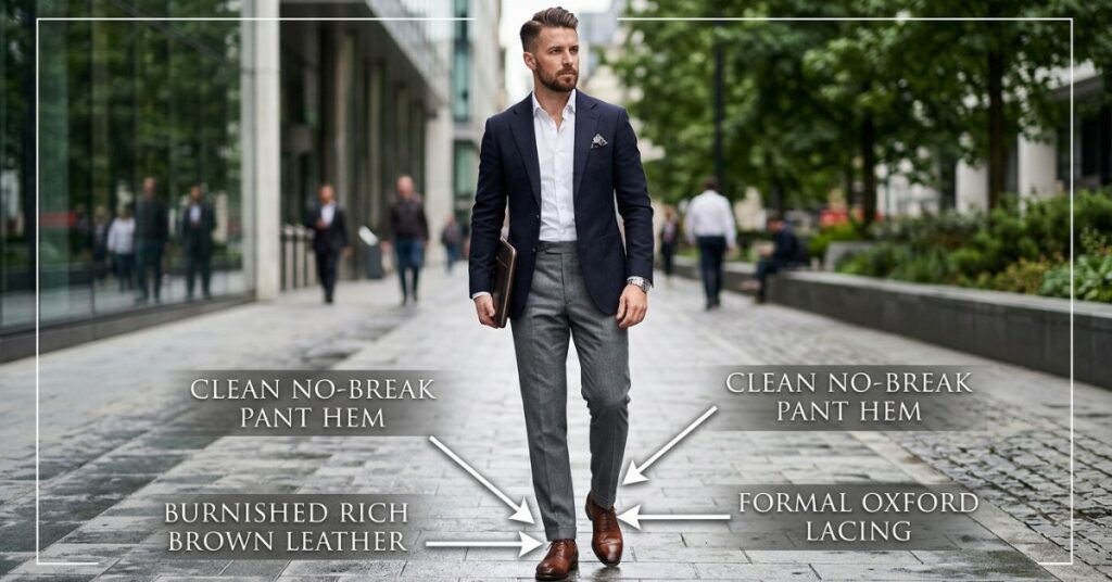 Shoes to wear with grey pants men visual guide showing tailored trousers with brown leather dress shoes