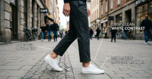 Minimalist white leather sneakers paired with cropped charcoal grey trousers for men smart casual fashion