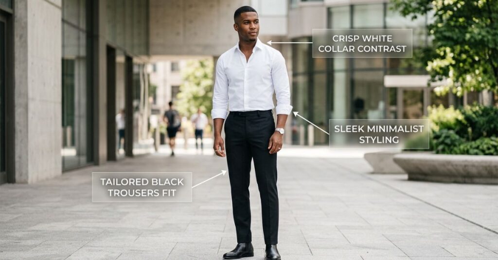 Black pant combination shirt visual guide showing tailored black trousers with crisp white shirt