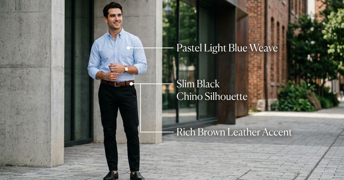 Light blue shirt paired with slim black chinos men smart casual business fashion