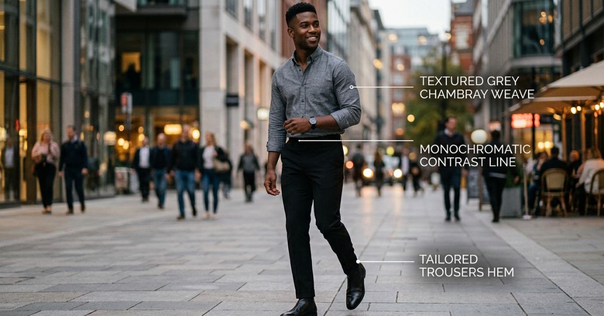 Textured grey chambray shirt paired with tailored black dress pants for men urban evening style