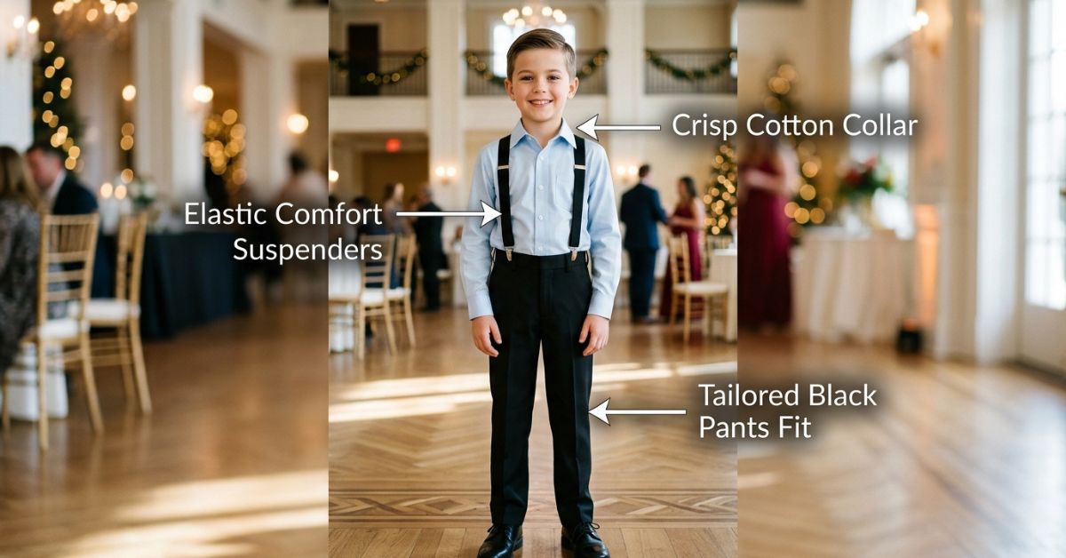 Young boy formal outfit featuring tailored black dress pants with light blue button down shirt and suspenders