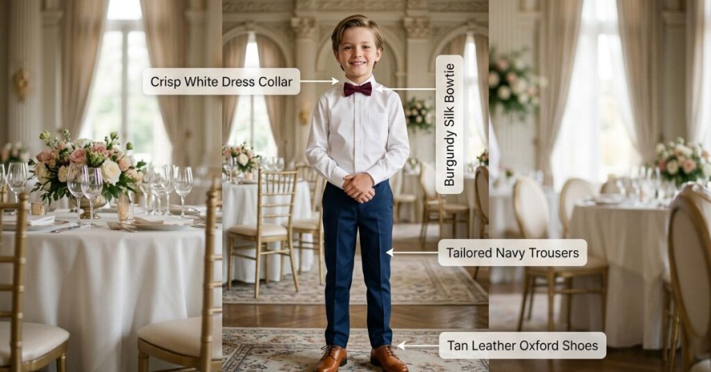 Boys formal shirt and pant combinations showing young boy in white shirt navy trousers and burgundy bowtie