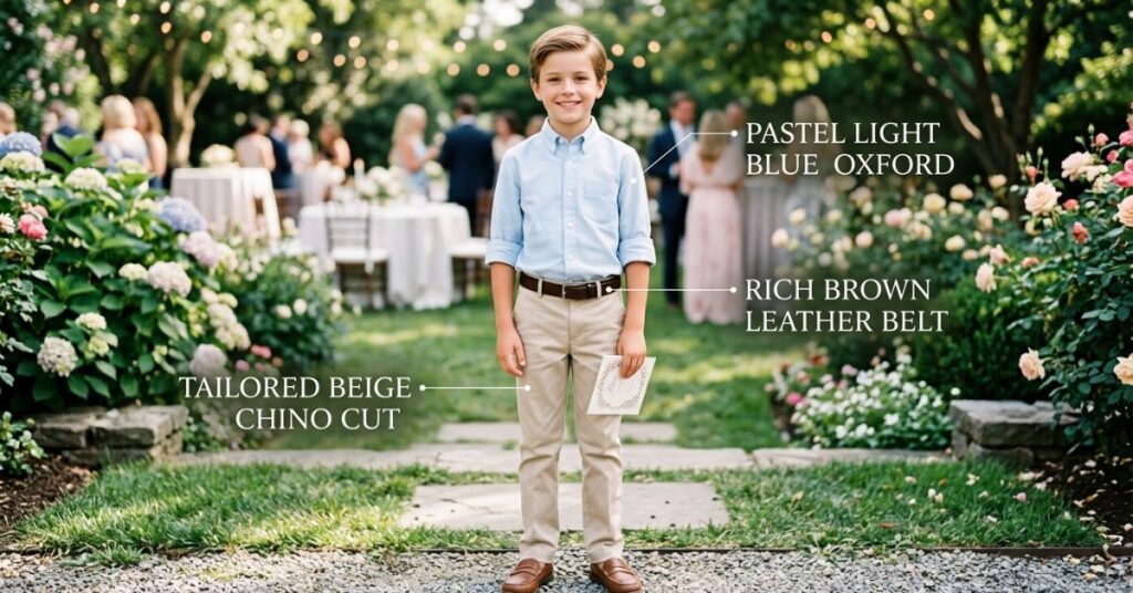 Boys formal shirt and pant combinations featuring light blue Oxford shirt and beige khaki chinos
