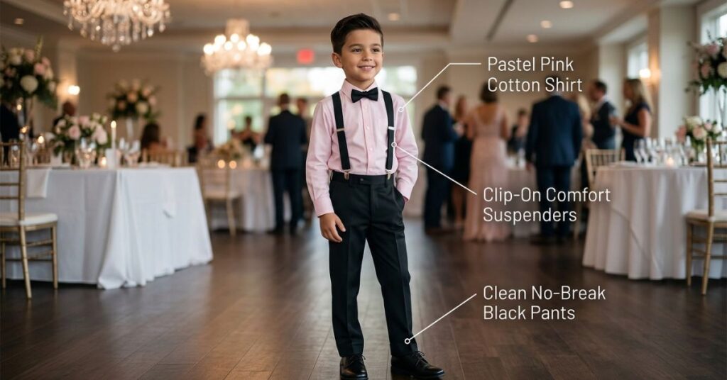 Charming young boy wearing pastel pink dress shirt with black tailored pants and suspenders for formal event