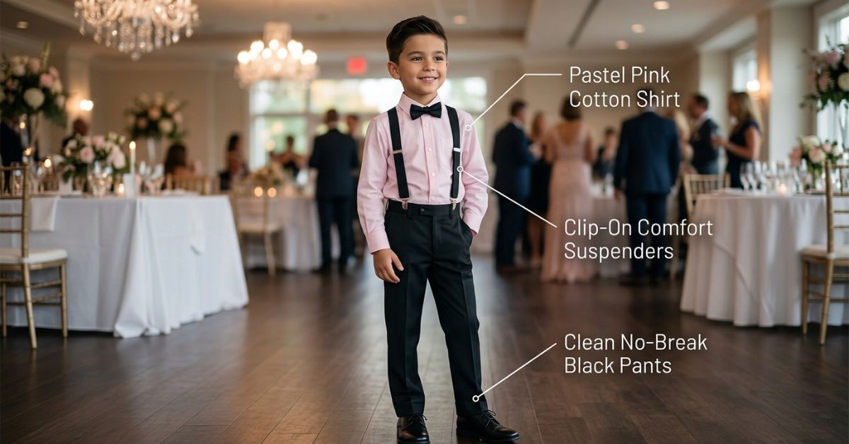 Charming young boy wearing pastel pink dress shirt with black tailored pants and suspenders for formal event