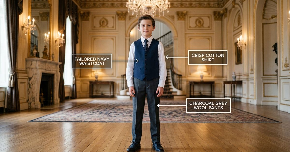 Stylish young boy dressed in charcoal grey formal trousers with white dress shirt and tailored navy waistcoat vest