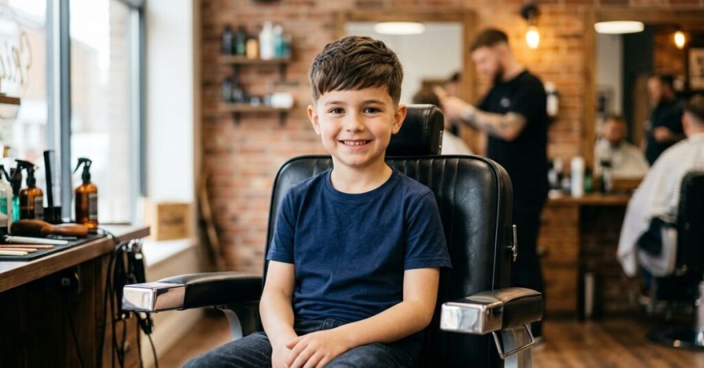 Young boy sitting happily in modern barbershop chair with stylish textured haircut that lays flat across forehead