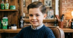 Smart young boy with a neat side-swept Ivy League haircut flowing smoothly with natural hair whorl