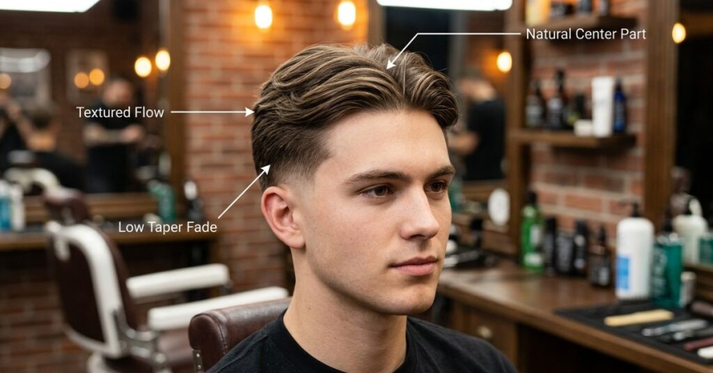 Young man with middle part taper fade straight hair featuring infographic arrows pointing to natural center part, textured flow, and low taper fade