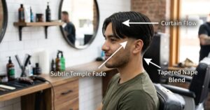 Profile view of a middle part low taper fade on straight hair with infographic callouts for subtle temple fade, curtain flow, and tapered nape blendProfile view of a middle part low taper fade on straight hair with infographic callouts for subtle temple fade, curtain flow, and tapered nape blend