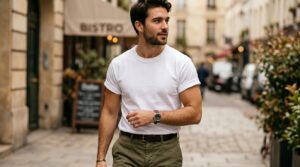  White t-shirt paired with olive green chinos for men