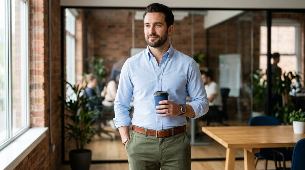 Light blue oxford shirt with olive green trousers and brown belt