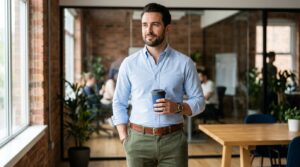 Light blue oxford shirt with olive green trousers and brown belt