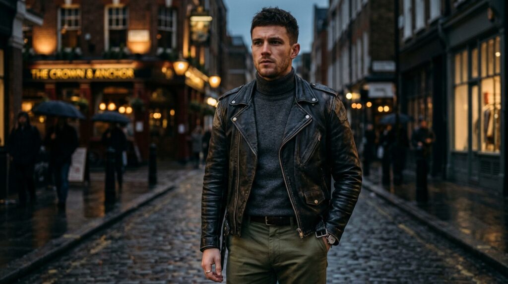 Black leather jacket with olive pants and boots for men