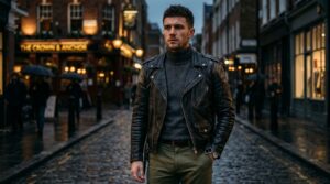 Black leather jacket with olive pants and boots for men