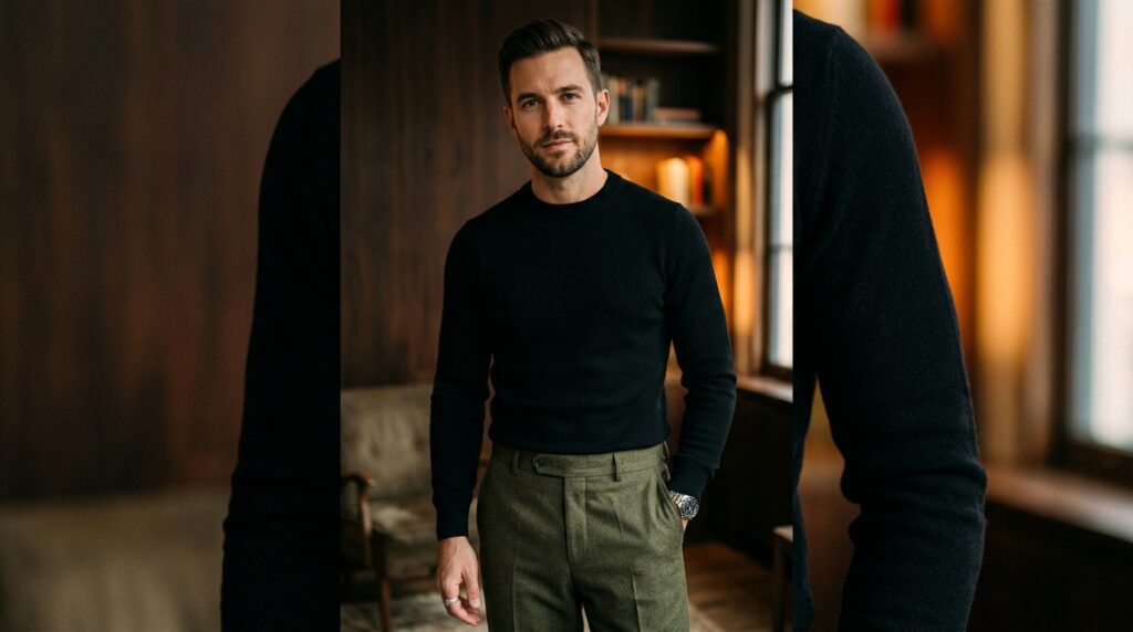 Black knit sweater with tailored olive green trousers