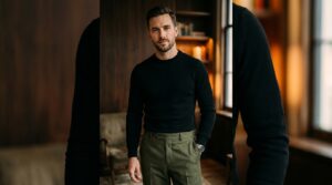 Black knit sweater with tailored olive green trousers