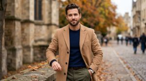 Camel coat with navy sweater and olive chinos for men