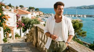 White linen shirt with olive green linen drawstring trousers