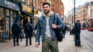 Denim trucker jacket layered over grey hoodie with olive cargo pants