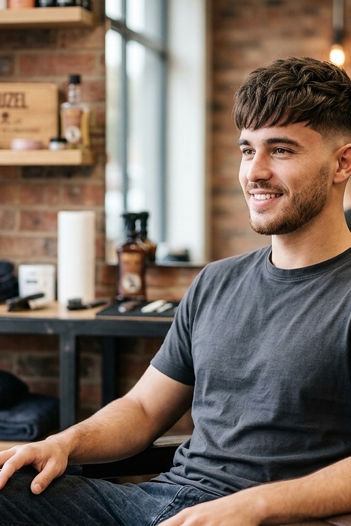 Young man with a clean low taper fade on straight hair and textured fringe in modern barbershop