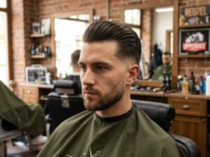 Stylish man with a modern textured slick back hairstyle and clean low taper fade on straight hair