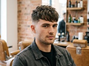 Young man with a textured French crop and low taper fade on straight hair in modern barbershop